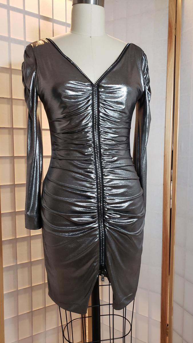 Rouched rhinestone zipper silver dress