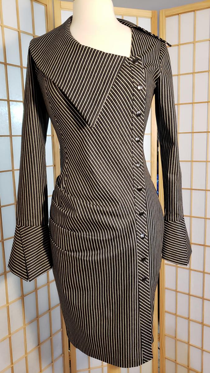 Asymmetrical stretch cotton twill fabric front pleat dress -striped